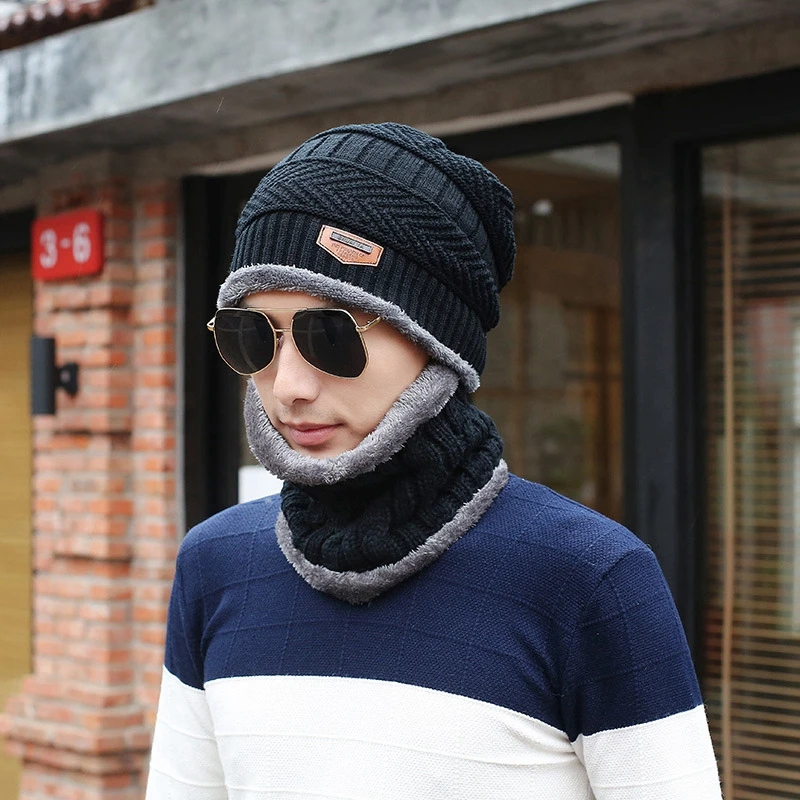 Men’s Warm Winter Hat and Scarf Set - Thick Knit Beanie with Wool Lining - Cold Weather Cap for Men & Women