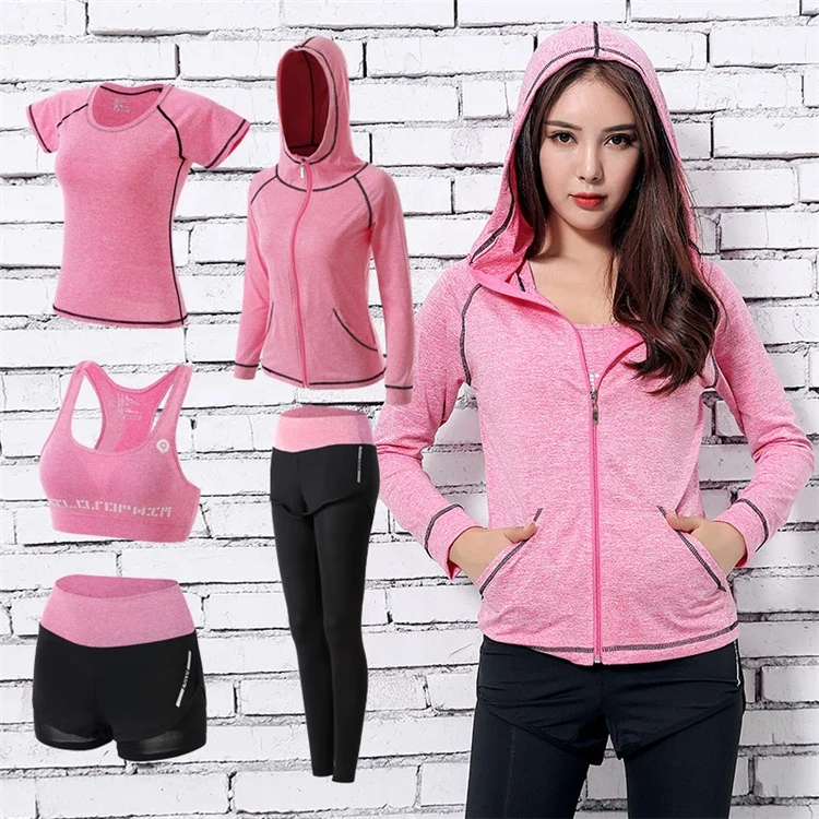 

Wholesale Custom Yoga Wear Women Sportswear 5 - piece suit set, Pink black green