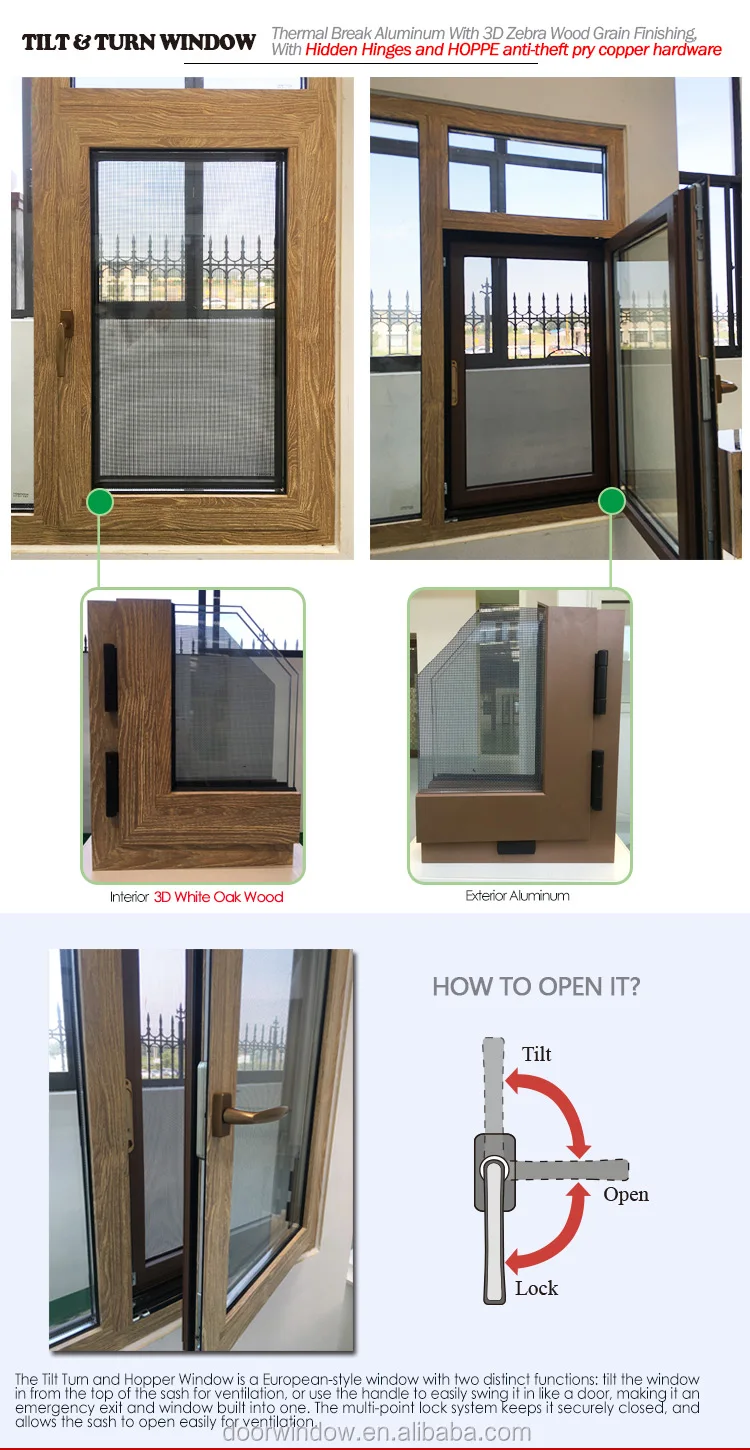burglar proof Tilt up and turn aluminum casement window