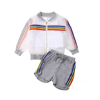 

Kids Baby Girl Sport Outfits Rainbow Organza Patchwork Jacket + Vest + Lace-up Shorts Active Toddler 3 Pcs Girl's Clothing Set