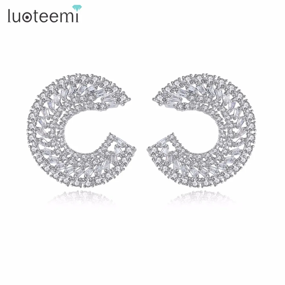 

LUOTEEMI Fashion Shinning White Cubic Zirconia Pave Moon Shape Big Stud Earrings for Women Girls Friends Christmas Gift Brincos, N/a