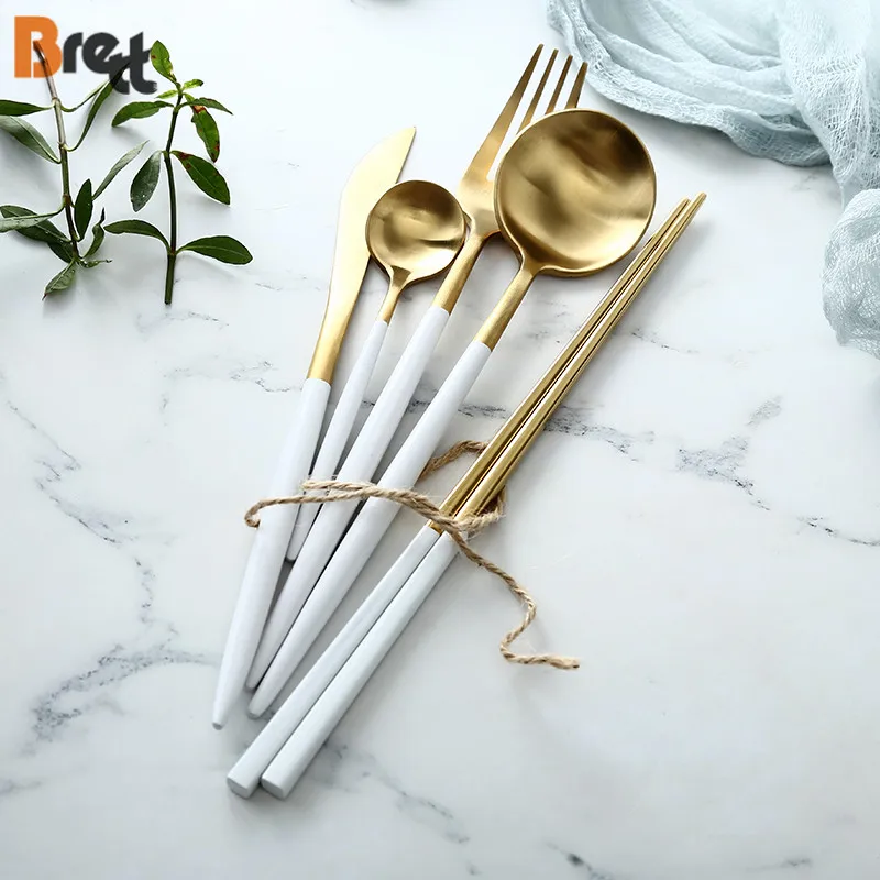 

Used restaurant wedding flatware set stainless steel gold cutlery set white handle, Gold/silver+handle white/colored