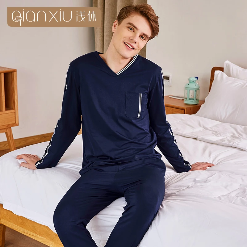 

Cotton couple pajamas sets men's sleepwear long sleeve pure color men pyjamas set pijamas for men, Navy,gray
