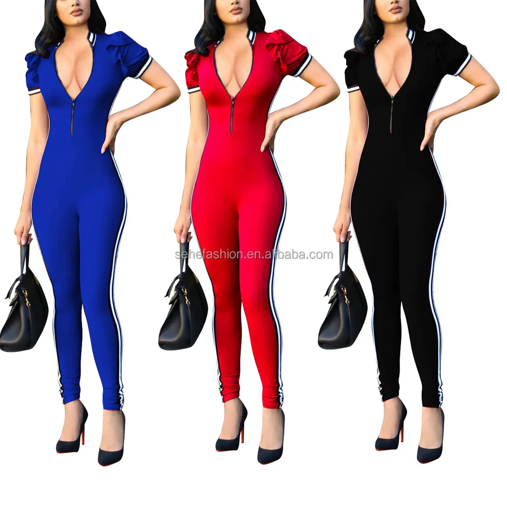 

80409-MX6 3 color hot sell fashion slim jumpsuits deep v sexy for women