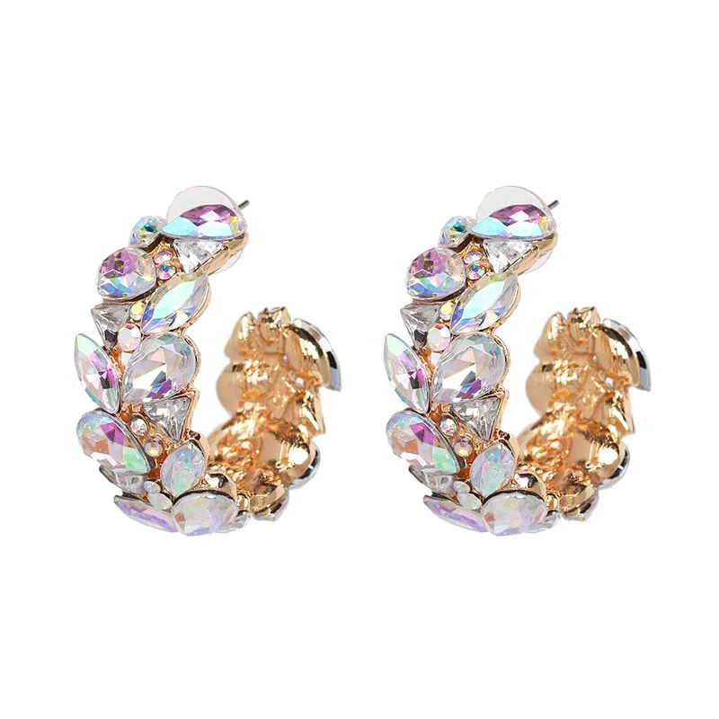 

New Arrival Gold Plated Colorful Crystal Hoop Earrings AB Rhinestone Hollow Circle C Hoop Earring For Gilrs
