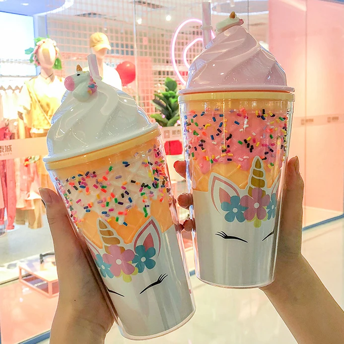 

New design ice cream lid unicorn plastic tumbler with straw, Clear