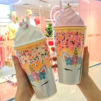 

New design ice cream lid unicorn plastic tumbler with straw