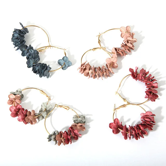 

Korea Fashion Bijoux Female Colorful Petal Gold Circle Earrings Big Fabric Flower Hoop Earrings