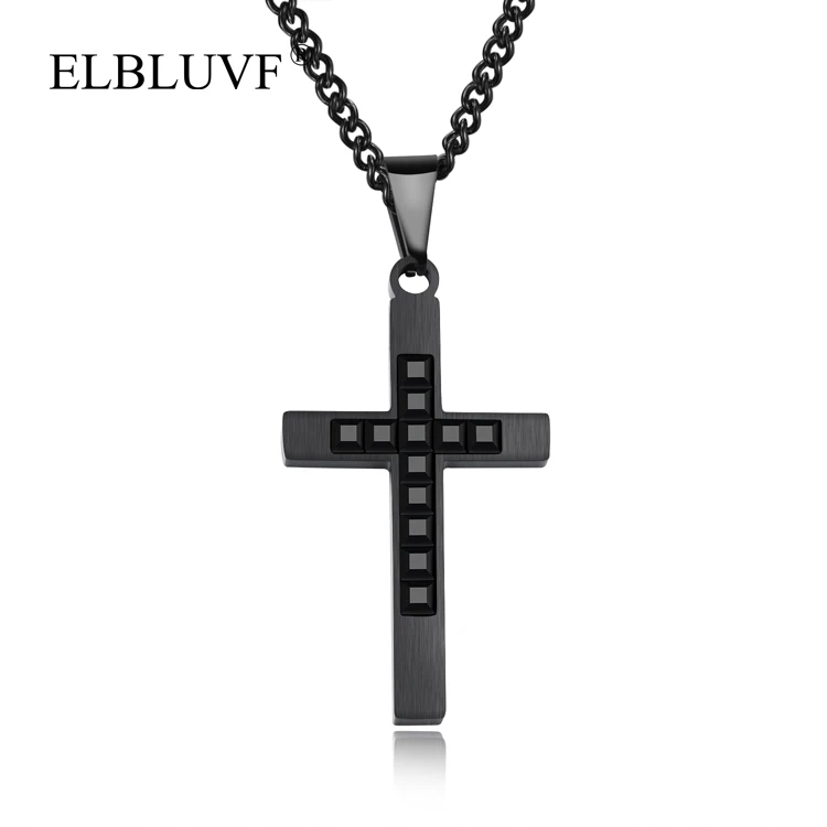 

ELBLUVF Free Shipping Stainless Steel Male Jewelry Cross Shape Religious Belief Men Zircon Pendant Necklace, Black , gold
