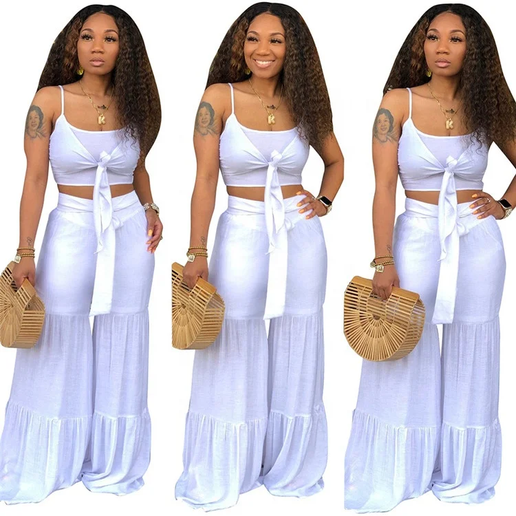 

Women crop top and pants set wide leg bandage 2 piece pants set