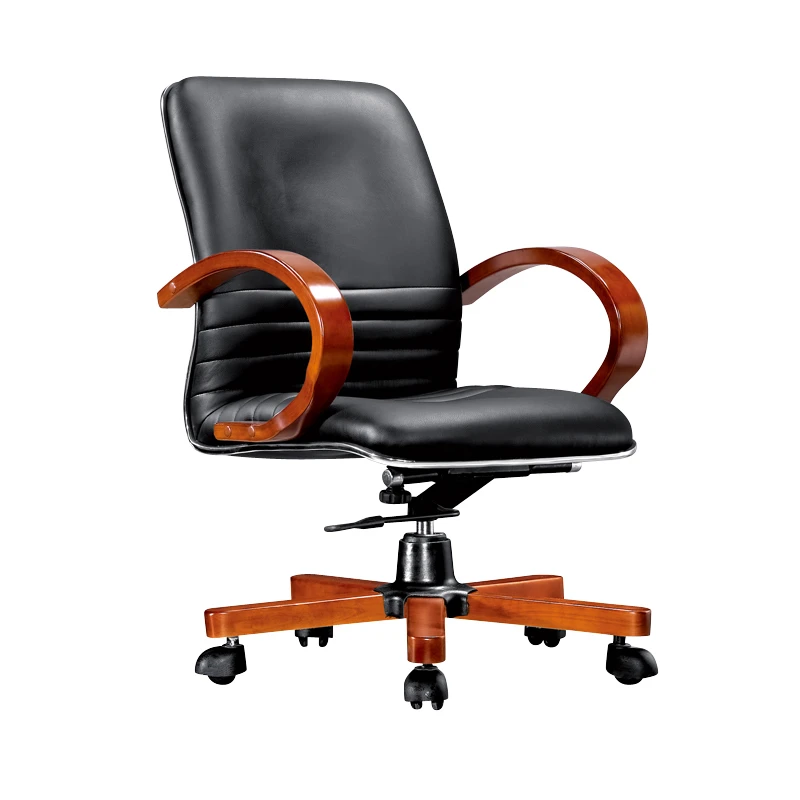 comfortable leather office chair with wooden base and arms