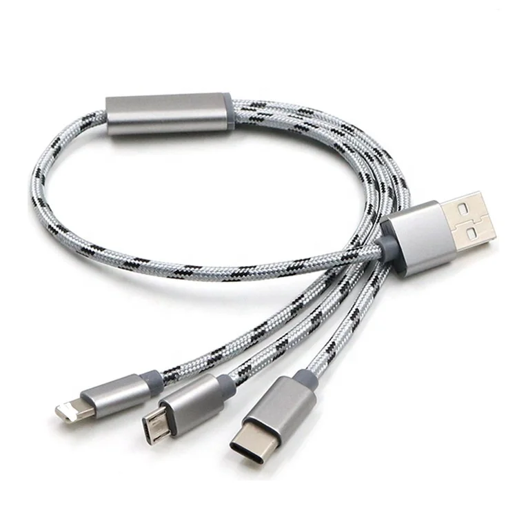 

tiger stripe nylon braided 3in1 USB Cable 3 in 1 Charge Data Cable For All Mobile Phone, Black;white;grey;gold;customize