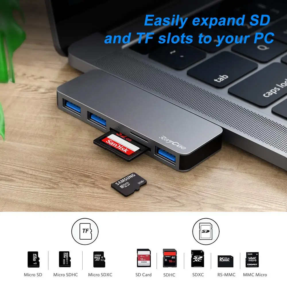 Raycue 5 In 1type C Hub With Tf Sd Card Reader 3 Usb 3.0 Ports Usb C