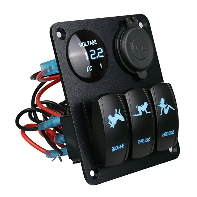 Dc 12 Volt 3 Gang Switch Panel +led Digital Led Voltmeter + Dual Usb