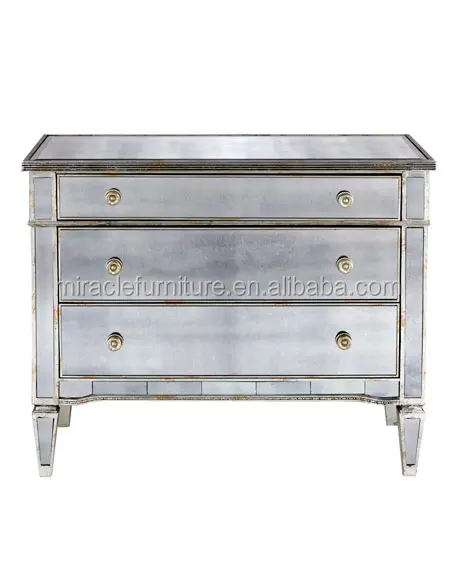 Amelie Antique Three Drawers Hardwood Silver Mirrored Bedside