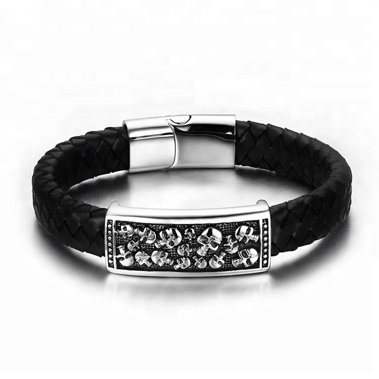 

Small Wholesale High Quality Mens Braided Leather 316L Stainless Steel Skull Bracelets, Black