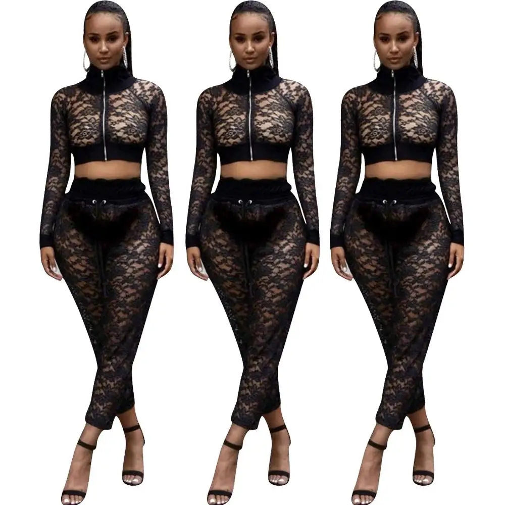 

Lady autumn 2 piece set women long sleeve vintage lace tops and pants