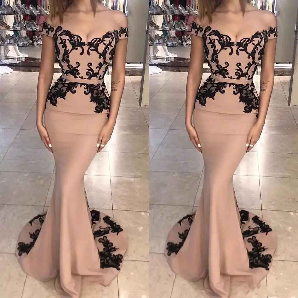 

ZH0336X Off Shoulder Black Applique Long Mermaid Prom Dresses Sexy Backless Evening Wear Evening Gowns Custom Made