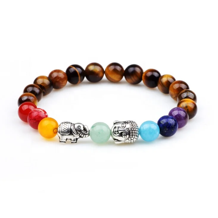 

Ladies Fashion Alloy Buddha Elephant Charms Tiger Eye Beads 7 Colors Onyx Lucky Beads Chakra Bracelet, Colorful