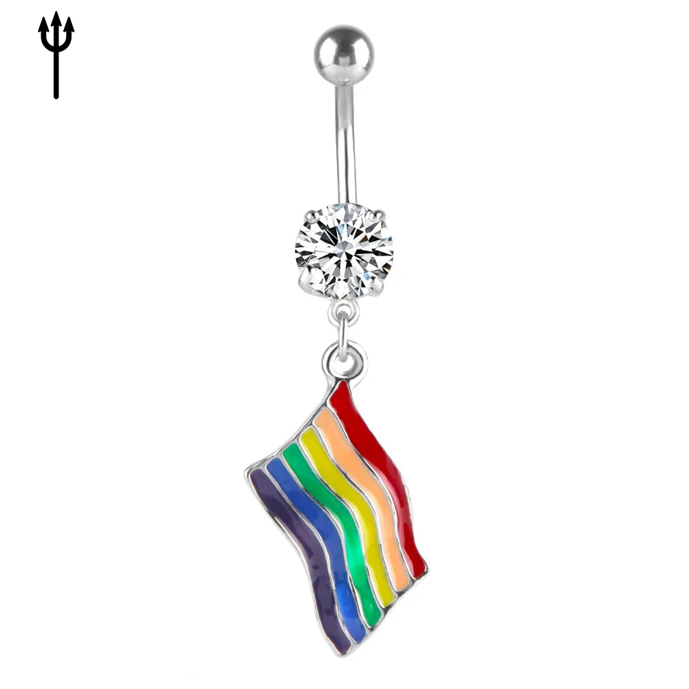 

VRIUA Fashion Stainless Steel Colorful Flag Pendant Zircon Navel Belly Button Piercing Jewelry Surgical Steel Belly Rings