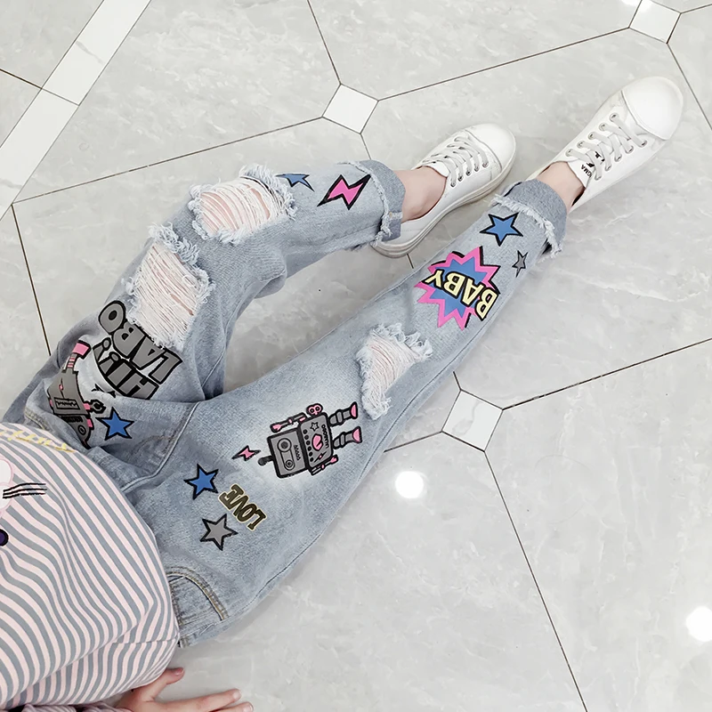 
Hot Sale Girls Spring Fashionable Cartoon Printed Kids Loose Elastic Waist Jeans Pants 