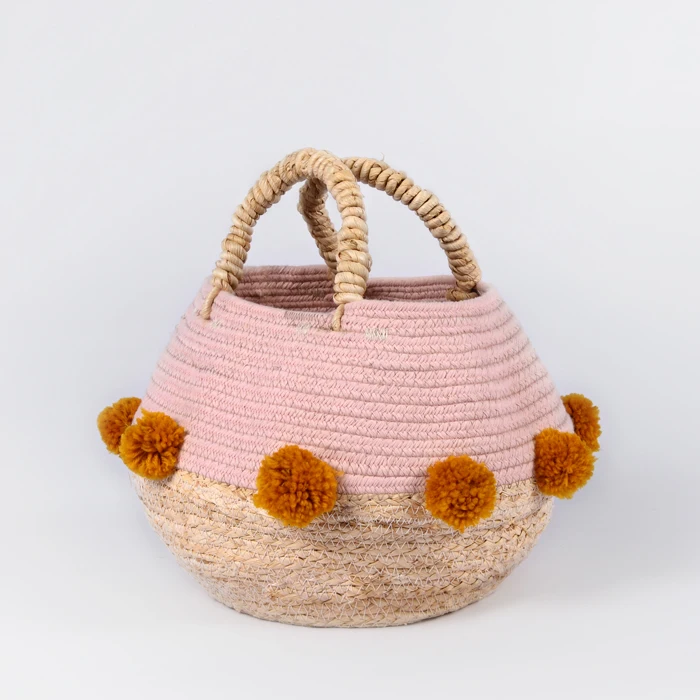 

Pompom woven belly seagrass cotton rope storage basket with handles, As photo or as your requirement