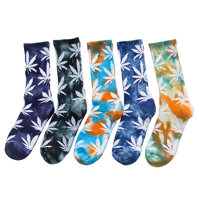 

Men's tie dyed Terry socks personalized color maple leaf, cotton medium tube stockings, 3 colors changing color