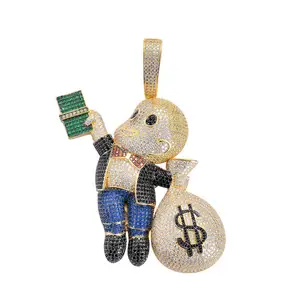 Large Size High Quality Brass CZ stones Cartoon Men Money Bag Necklace Hip hop pendant Jewelry Bling Bling Iced Out CN044