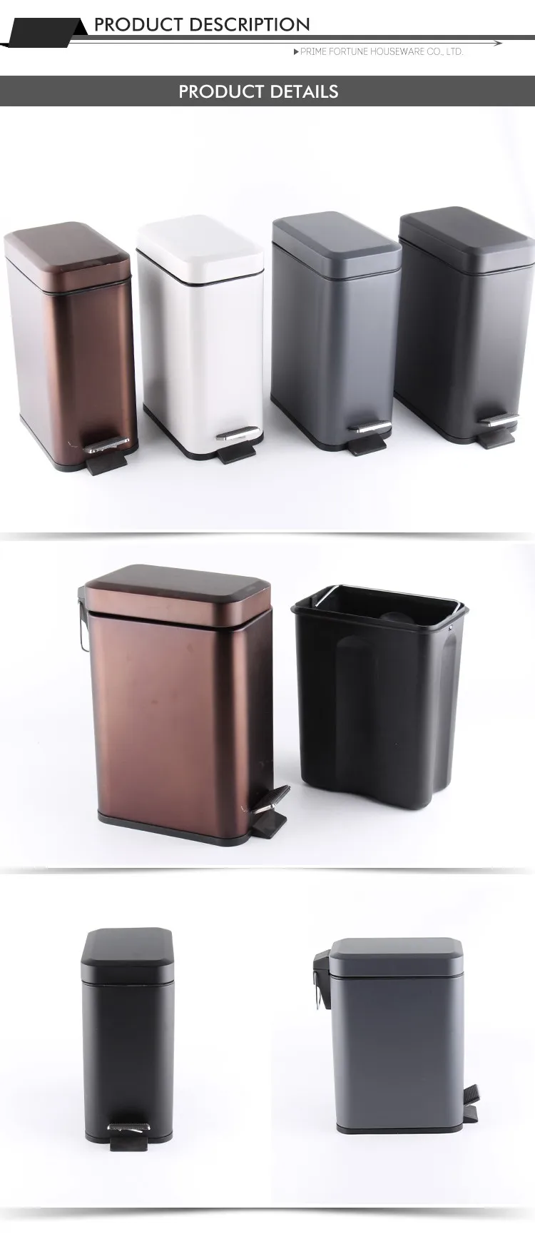 Square soft close stainless steel Pedal Trash Bin with powder coating