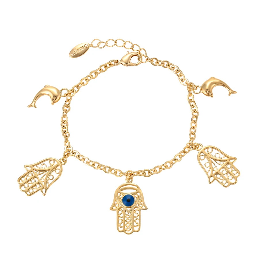 

75137 xuping hamsa hand and fish charm women 18kgp color bracelet, 18k gold color
