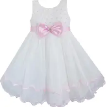 Sunny Fashion Vestido Menina Branco Pérola Rose Arco Gravata Casamento Pageant Camadas
