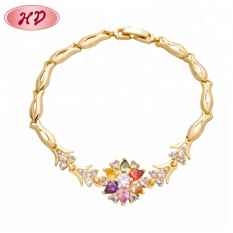 

Saudi Gold Jewelry Fashion Charm Colorful Crystal Flower Cubic Zirconia Bracelet