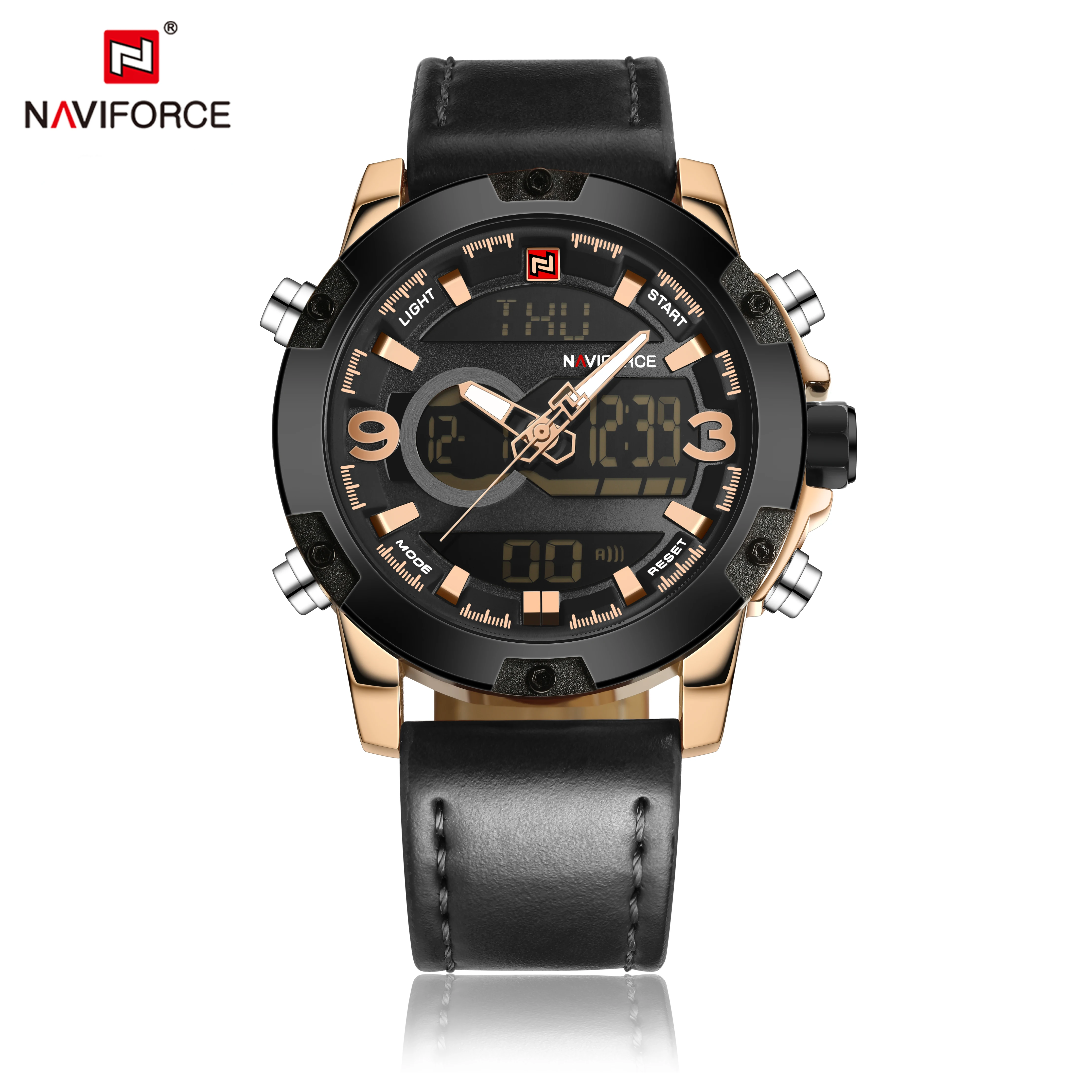 

NAVIFORCE Watch 9097 Men Sport Dual Display Rose Gold Watch LED Digital Black Leather Quartz 30M Waterproof Wristwatches, 6-color