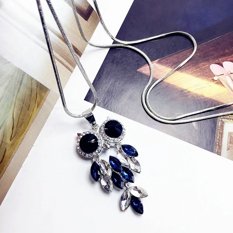 

Crystal Rhinestone Owl Animal Statement Long Chain Necklace Jewelry Pendant Costume Sweater Necklace, Blue