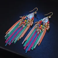 

Vintage Crystal Charm Beads Metal Chain Dangle Earrings Boho Style Tassel Chain Curtain Statement Earrings