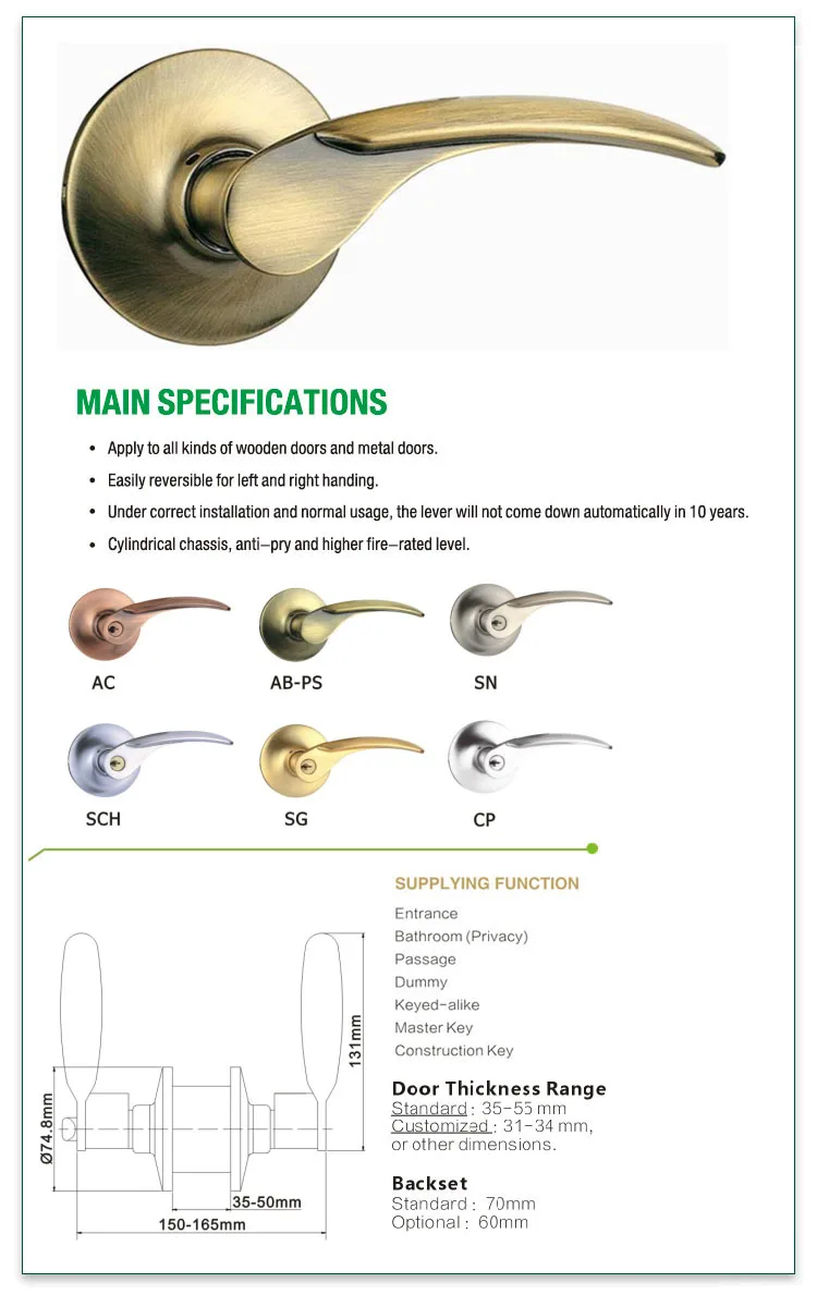 Zhongshan hot sale zinc lever handle cylindrical door lock for residential use