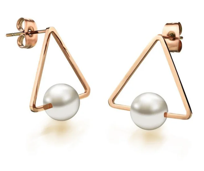 

Hot Selling Fashion Style Triangle Drop Earrings Stainless Steel Gold Plating Peal Stud Earrings For Party, Silver tone, gold