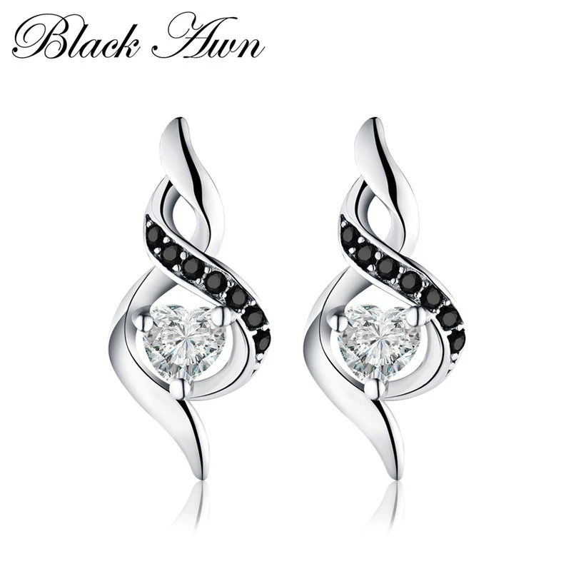 

[BLACK AWN] Genuine 925 Sterling Silver Fine Jewelry Neo-Gothic Black&White Stone Engagement Stud Earrings for Women T013