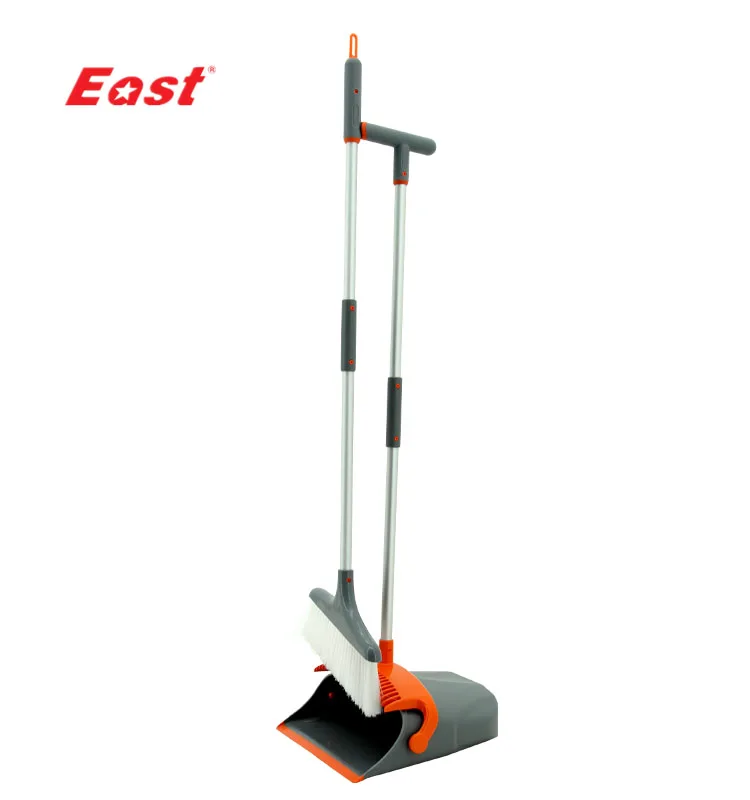 

EAST High Quality Detachable Handle Plastic long orange Broom And Dustpan Set Upright, Grey and orange