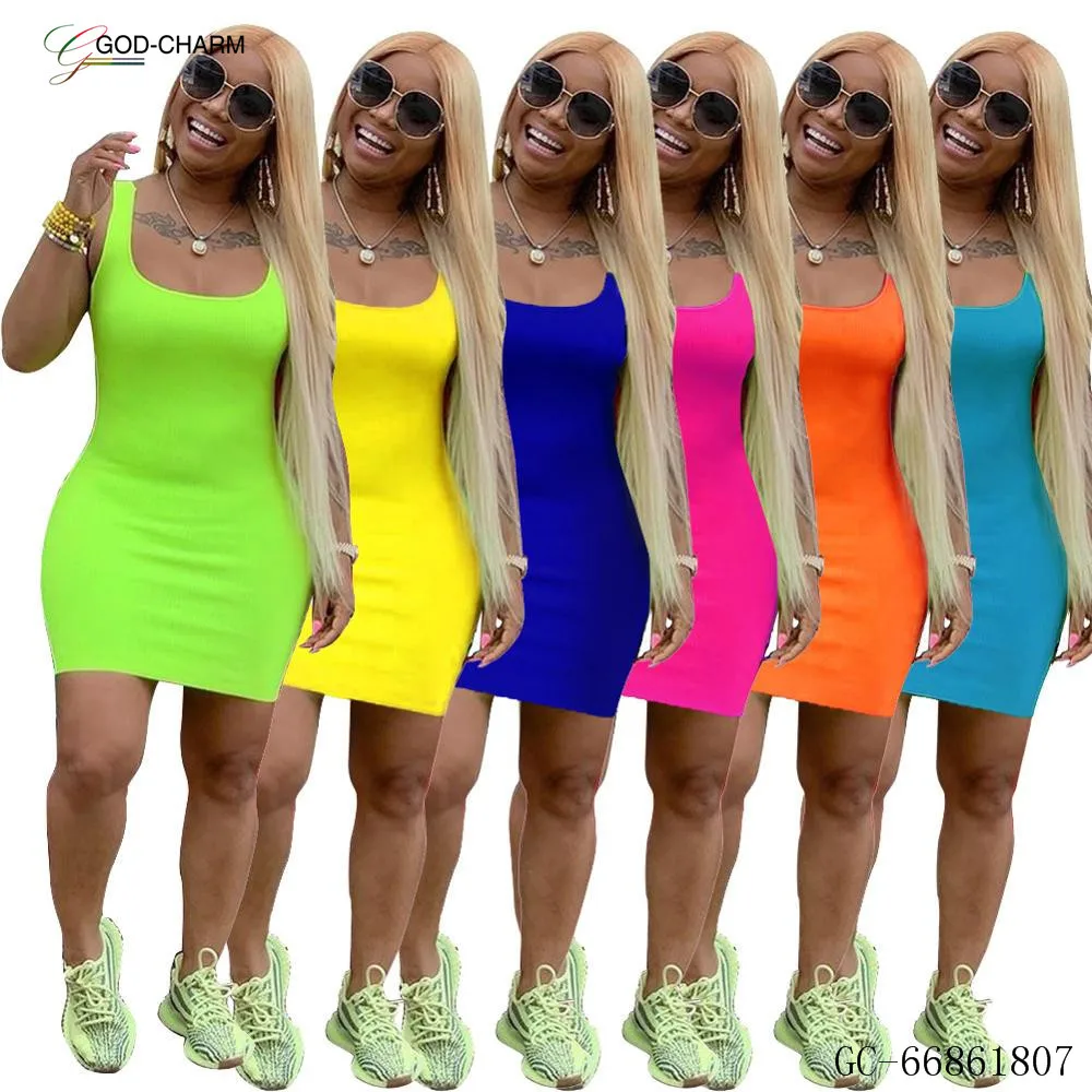 

GC-66861807 wholesale women Lovely Casual sleeveless U Neck Pure color Mini Dress African Clothing