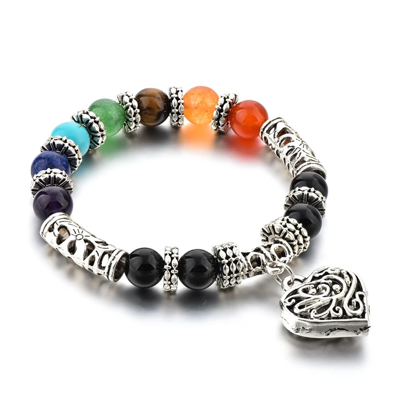 

New products 2018 colorful natural stone lava bead 7 chakra bracelet heart pendant bracelet yoga nature bracelet, Colourful