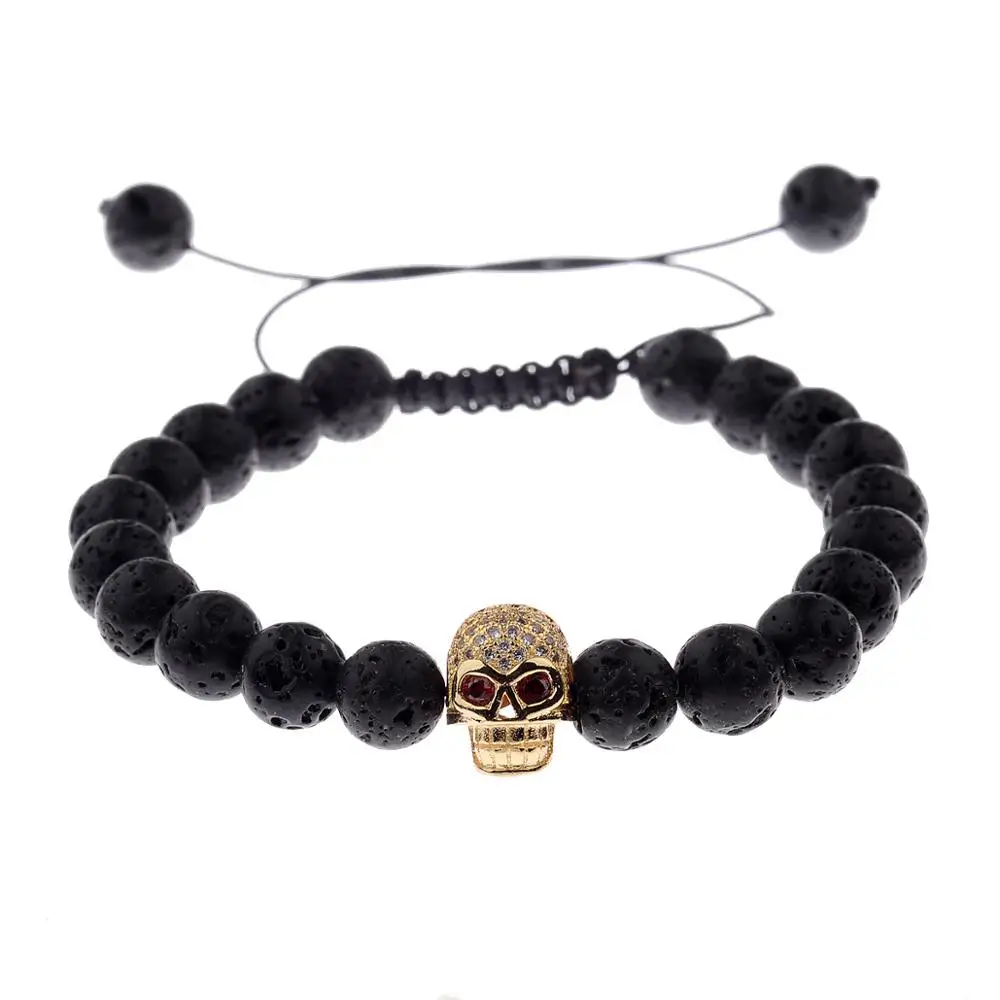 

Skull Head Charm Black Lava Rock Stone Bead Braiding Macrame Bracelet, Picture