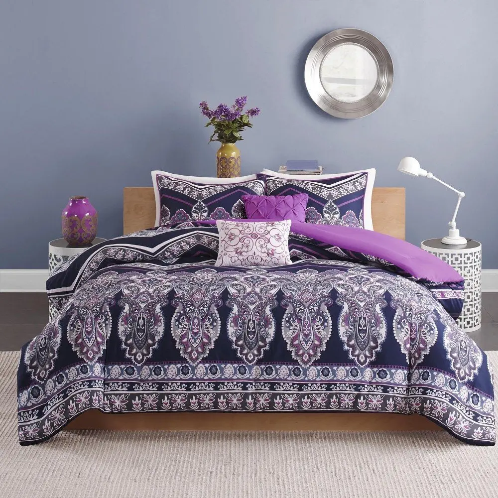 UNK 4pc Girls Navy Blue Purple Medallion Theme Chevron Comforter Twin XL Set, Girly Damask Floral Zigzag Bedding, Boho Chic Bohemian Zig Zag Motif Themed Pattern, Plum Violet Off White