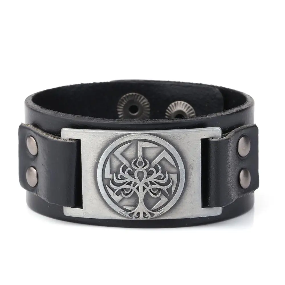 

Pulseira Masculina Nordic Myth Sun Wheel Slavic Tree of Life Badge Charms Adjustable Cuff Leather Bracelets for Men