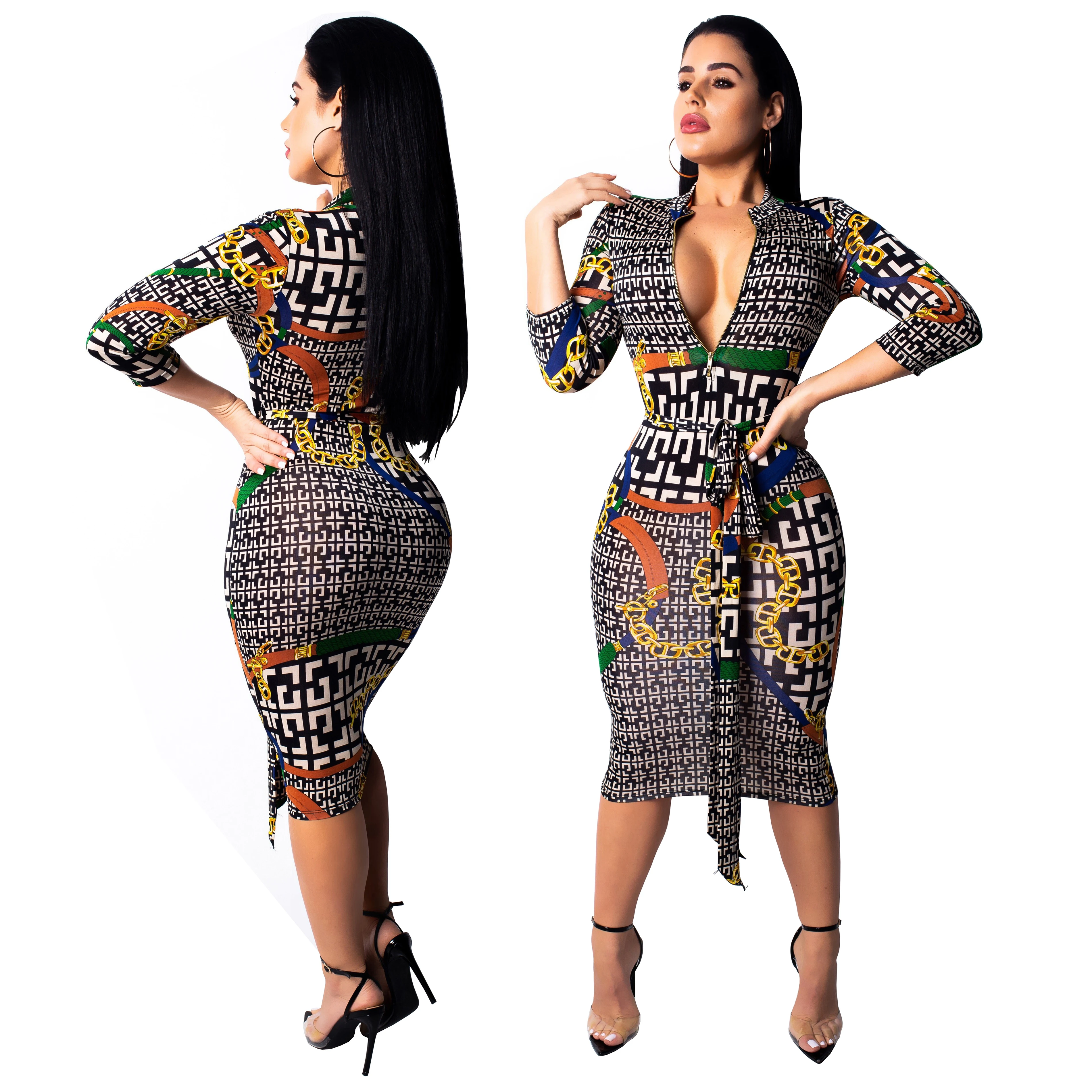 

2018 Women casual fashion long sleeve stretchable belt bodycon pencil business suiting slim fit zipper sexy dress