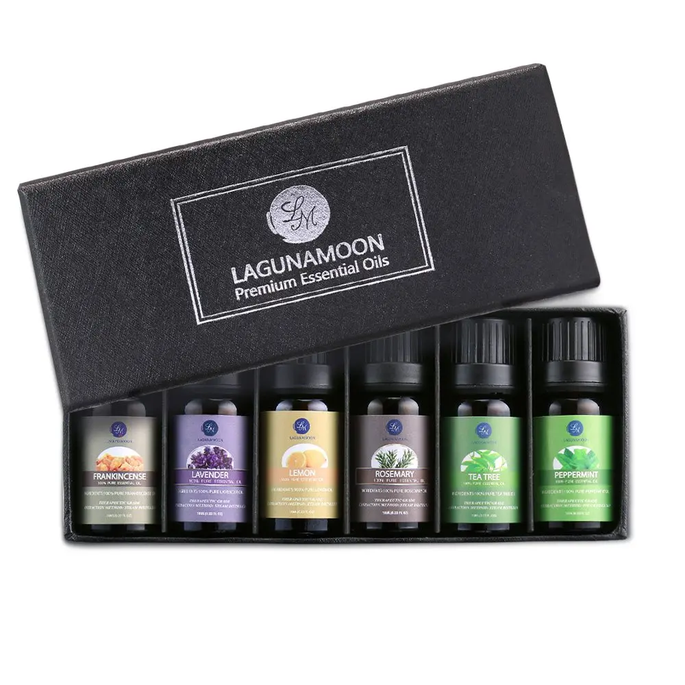 Lagunamoon Essential Oils Top 6 Gift Set Pure Essential Oils Gift Set for Diffuser, Humidifier, Massage, Aromatherapy, Skin & Hair Care