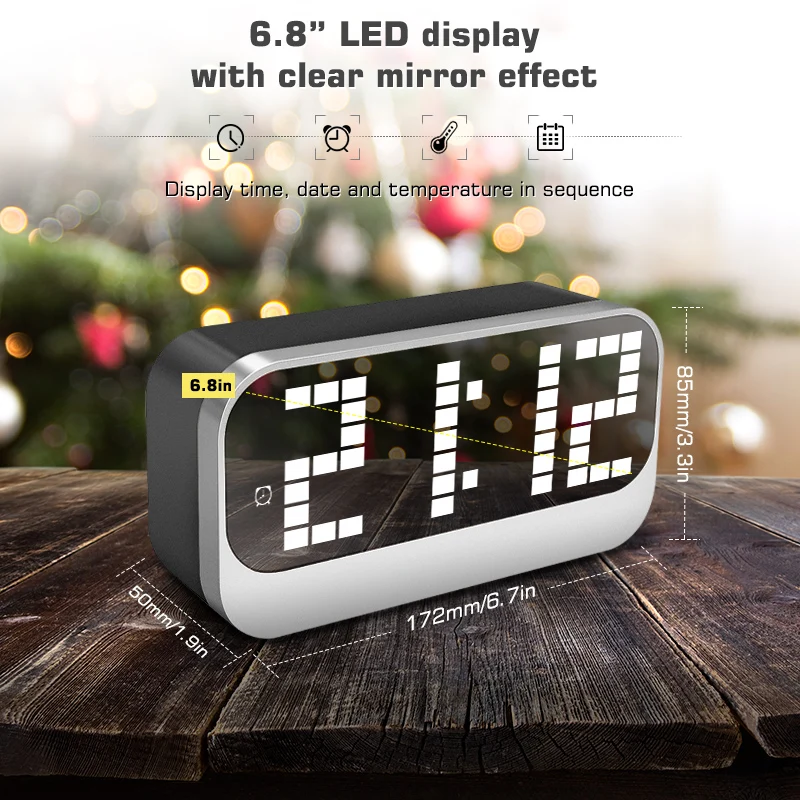 china designer smart kid alarm table desktop digital 6.8 inch large number led mirror word clock Display date time temperature
