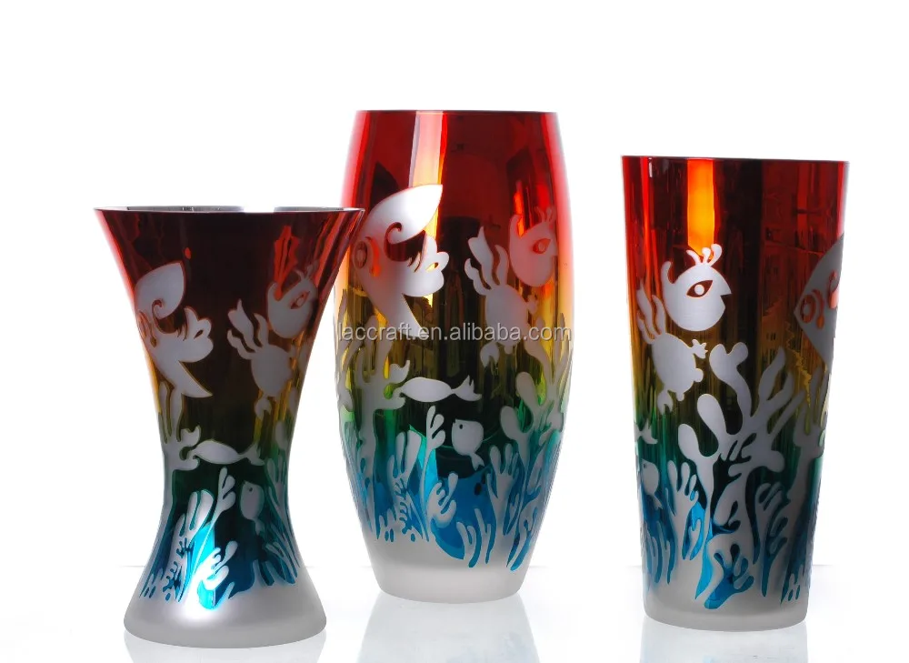 Customized Sandblasting Multicolour Oval Shaped Glass Vase Wholesale