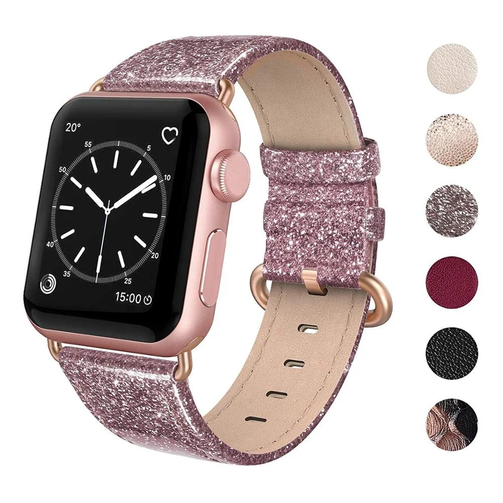 

For Apple Watch Band 38mm 40mm, Genuine Leather Shiny Glitter Strap Compatible with iWatch Apple Watch Series with airpods case, 10 popular colors available;customized colors acceptable