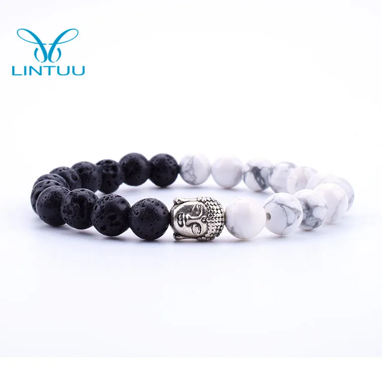 

Natural Lava Stone /Howlite With Buddha Head Buddhist Prayer Beads, Black/white